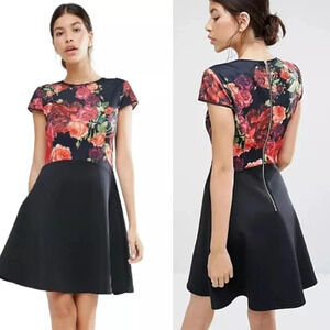 Ted Baker Xylee Black Red Floral Print Skater Dress 22204